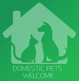 Image of a dog and a cat with the subtext of domestic pets welcome